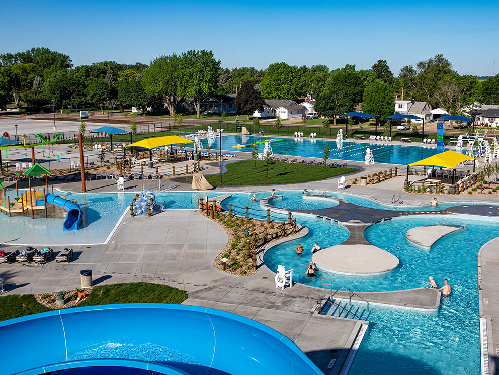 Overview of the Lazy River with Spray Channel and Vortex Pool.